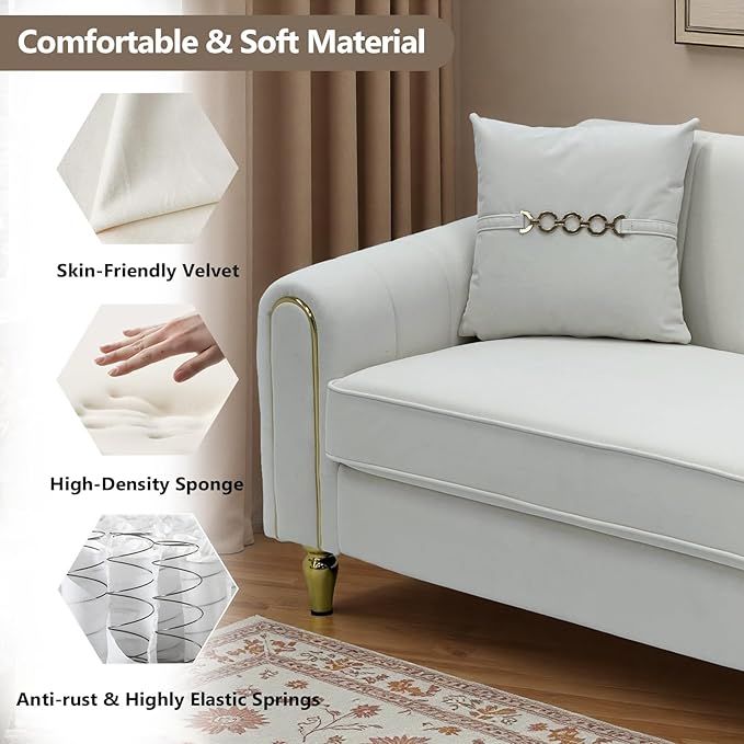 87.5 Modern 3-Seater Velvet Couch with Metal Legs &amp Decorative Pillows High Resilience Sponge Spring Seat Luxury Sectional Loveseat Sofa for Living Room Apartment Small Space Beige