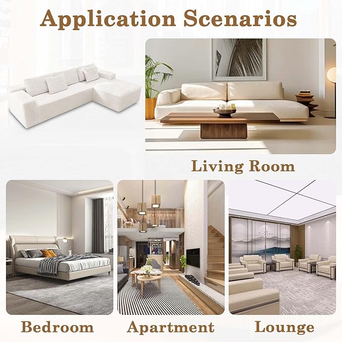104 White Boneless Couch with Chaise Sectional Couches for Living Room L Shaped Couch 4 Seat SofaCompression Sofa for Bedroom Comfy No Assembly Corduroy(White Right)