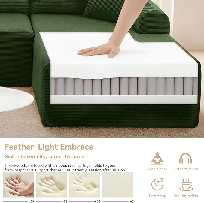 103 Modular Sectional Sofa with Chaise Cloud Sectional Couch with Deep Seat Modular L-Shape Sofa Corduroy Boneless Couch for Living RoomBedroomNo Assembly Required(Green Right Facing Chaise)