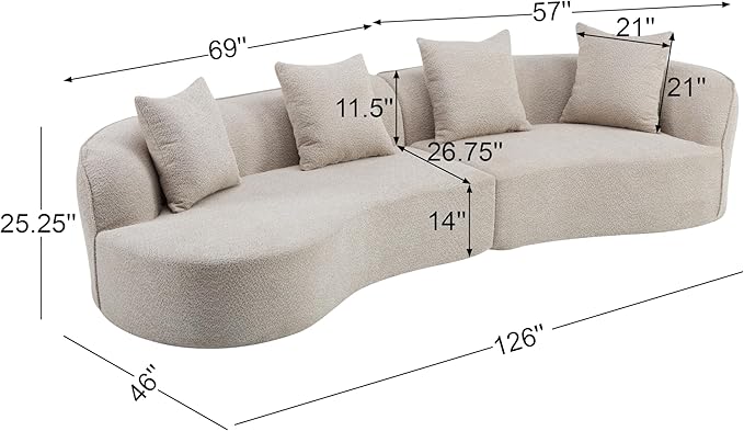 Merax 126 Inch Curved Sectional Sofa Oversized 5-Seater Modern L-Shape Couch with 4 Pillows Modular Velvet Fabric Sofa for Large Living Room Almond