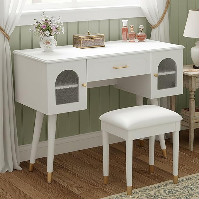 Merax Modern Desk Computer Desk with Stool Elegant Frosted Glass Doors Writing Desk with 1 Compartment Storage Drawer &amp 2 Cabinets &amp Charging Port for Home Office White