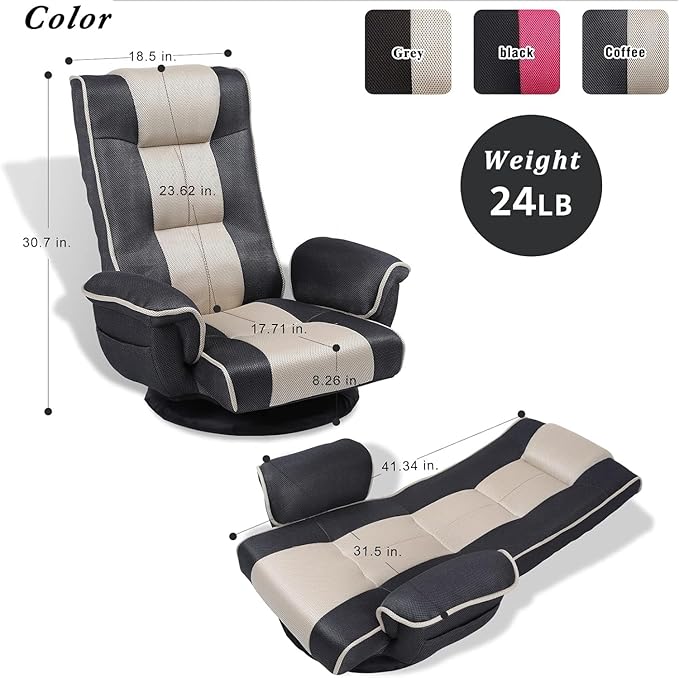 Linen Fabric Ergonomic Gaming Chair 6-Position Reclining Sofa Bed with Lumbar Support Foldable Floor Lounger with Thick Cushion Armrests &amp Side Pockets for Esports Reading Napping (Grey + Bei