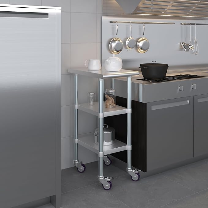 AmGood Stainless Steel Work Table with 2 Shelves and Casters | Metal Utility Table On Wheels (Stainless Steel Work Table with 2 Shelves + Casters 15 Long x 24 Deep)