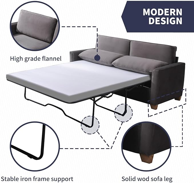 70 Full Size Pull Out Sofa Bed 2 in 1 Sleeper Sofa Couch Bed Velvet Modern Convertible Guest Loveseat Sofa Couch Beds Mattress Cushions Pillow Include for Home Apartment Office Dark Grey