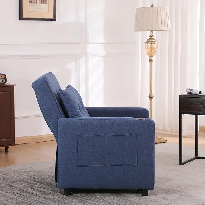 3-in-1 Convertible Futon Sofa Bed Chair Velvet Button Tufted Upholstered Pull Out Sleeper Chair with Adjustable Backrest&amp USB Ports Modern Lounge Armchair for Living Room Bedroom Apartment(Blu