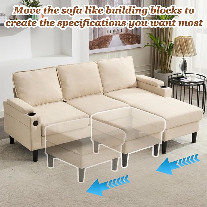 78 3 Seater Couch with Storage Ottoman/Cup Holders/USB Gray Small Sectional Couches for Living Room Cloud l Shaped Sofa for Small Spaces Apartment (Beige)