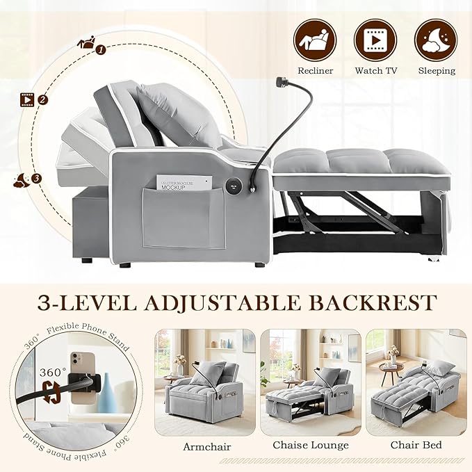 3-in-1 Convertible Sleeper Sofa Bed Chair with Cup Holders &amp Phone Holder Futon Chair Bed with Pull Out Couch Adjustable Backrest Modern Velvet Chaise Lounge for Living Room Bedroom (Grey 35.43