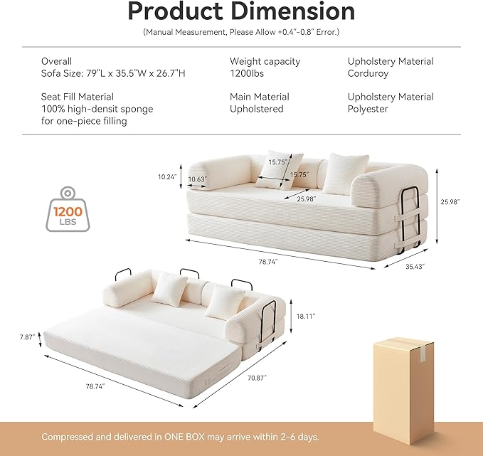 Convertible Folding Mattress Couch 5-in-1 Futon Sofa with Armrests Sleeper Mattress Sofa Bed Comfy Fold Out Bed for Living Room Bedroom LoungeGuest Office (Beige White)