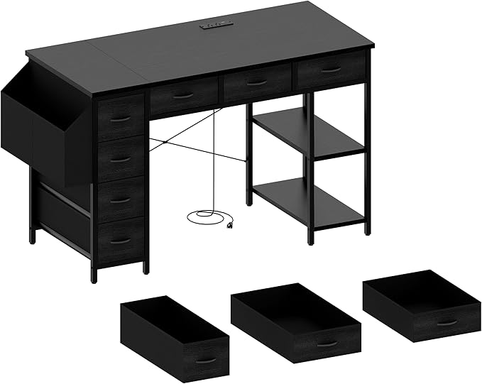 Modern 47 Home Office Writing Desk with Power Outlet &amp Drawers Gaming Desk w/ 2 Monitor Stands &amp Side Pocket for Office Crowd &amp Gaming Crowd (White)
