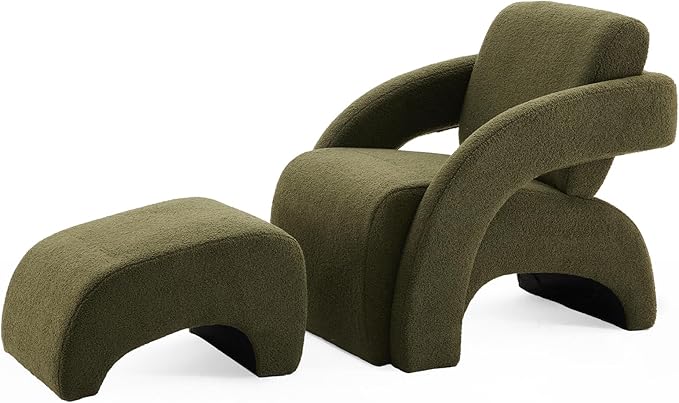 Soohow Upholstered Armchair with Ottoman – Plush Bouclé Fabric Curved Seat &amp Sled-Base Lounge Chair for Living Room Bedroom Study