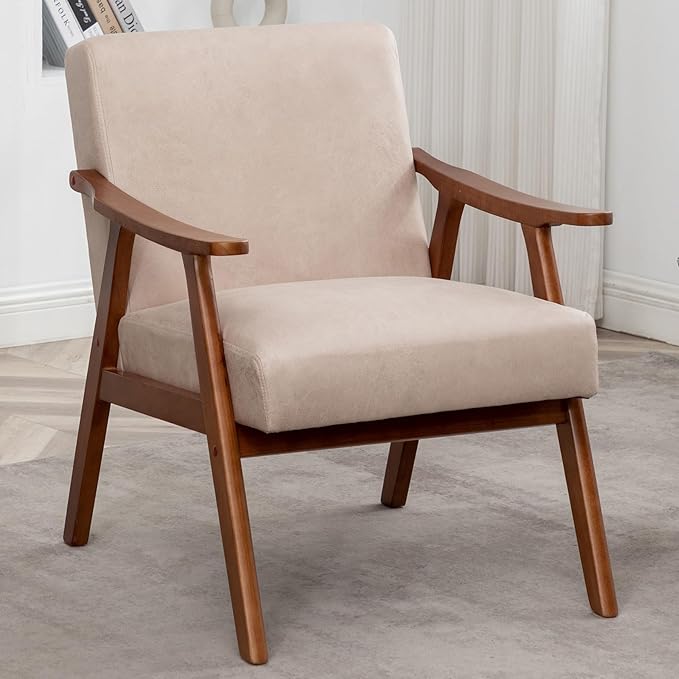 Mid Century Modern Accent Chair Upholstered Armchair Comfy with Wood Legs Siting Chair with Soft Cushion PU Leather Side Chairs for Living Room Bedroom Office (Microfiber Light Camel)