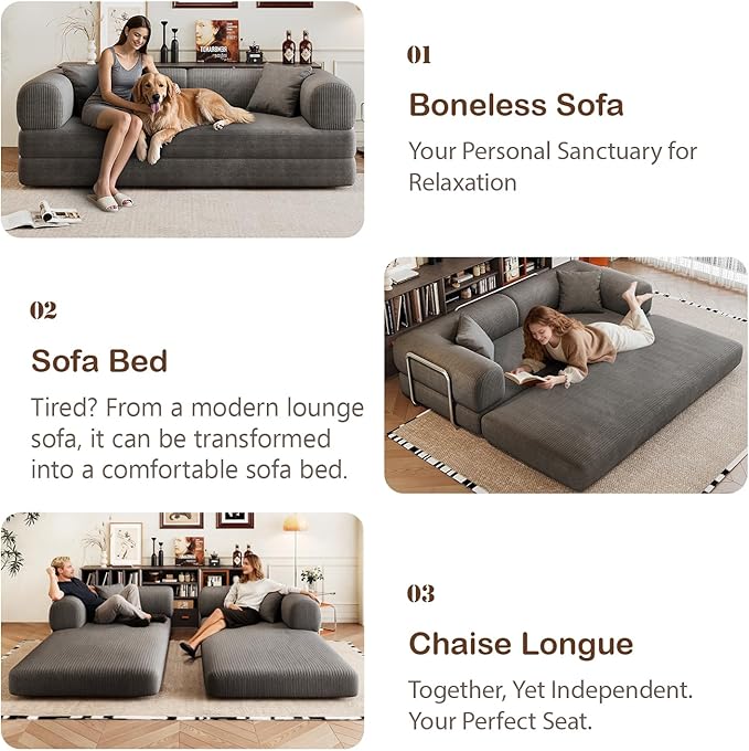 78.8 Corduroy Convertible Sofa Bed with Stainless Fixed-Shape Frame 4-in-1 Boneless Loveseat with Pull-Out Bed Lounge Futon Sofa Couch Floor Mattress for Living Room No Assembly Required(Grey) | C