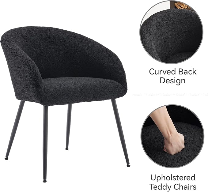 Modern Vanity Chair Living Room Chair with Metal LegsTeddy Fabric Dining Chair Comfy Accent Chair for Makeup Room Waiting Room Dressing Room Bedroom Dining Room Home Office (1PCS Black)