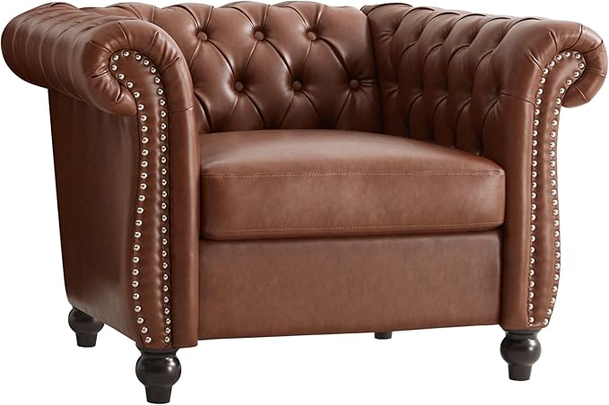 Merax Chesterfield Club Chair with Scrolled Arms and Nailhead Trim Mid Century Modern Single Sofa Chair with Solid Wood Legs Faux Leather Rolled Armchair for Living Room
