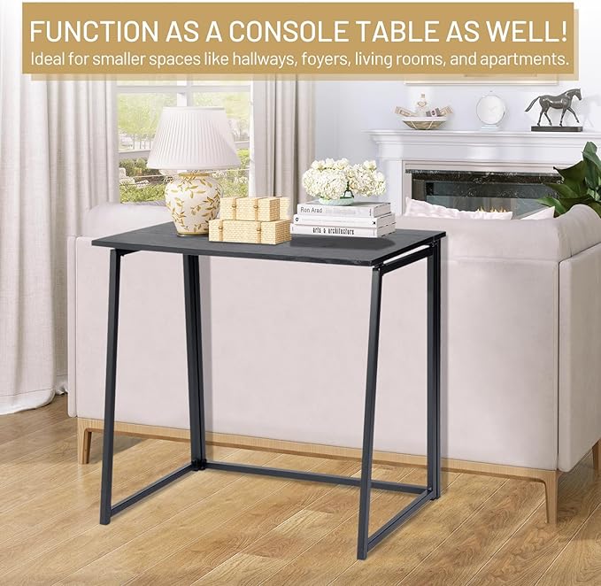 FurnitureR Folding Home Office Desk 31.5 Inches Foldable Table Space Saving Computer Study Desk Compact Writing Workstation for Small Space Black