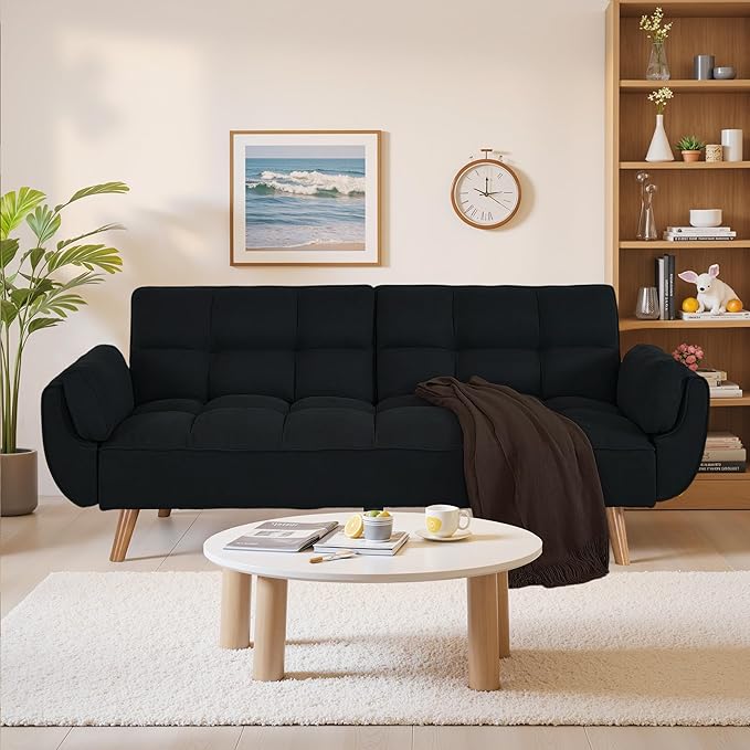 Convertible Futon Couch Bed Sleeper Sofa Bed with Adjustable Backrests Linen Loveseat Sofa 3 Seater Comfy Couch for Small Spaces Living Room Bedroom(Black 75)