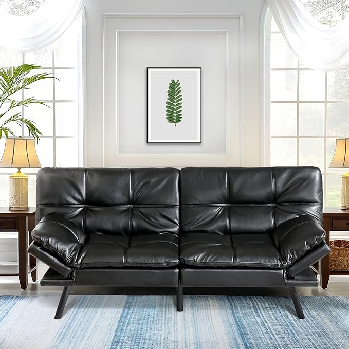 MUUEGM 71 Futon Sofa Bed Convertible Couch Filled with Memory Foam Modern Loveseat with Adjustable Backrest&ampArmrest Sofas for Living RoomGame RoomDormitoryOffice.Black Leather