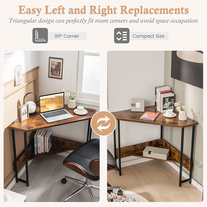 Corner Desk Triangle Computer Desk with USB Ports &amp Power Outlets Small Desk for Small Spaces Compact Makeup Vanity Desk with Storage Shelf Triangle Workstation for Home Office Bedroom