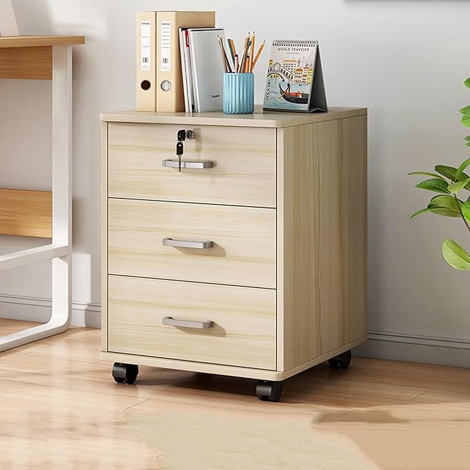 3 Drawer Mobile File Cabinet Under Desk Storage Organizer with Lock Wooden 14.5'' Extended Desktop Small Rolling Filing Cabinet for Home Office Makeup Organization Letters/A4(Light Wood)