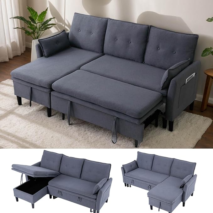 78 L-Shaped Sleeper Sofa Bed Couch 3-Seater Reversible Pull Out Couch Bed with Storage Chaise Lounge Cotton-Linen Pullout Sofabed Sectional Couches for Living Room Apartment Dark Grey
