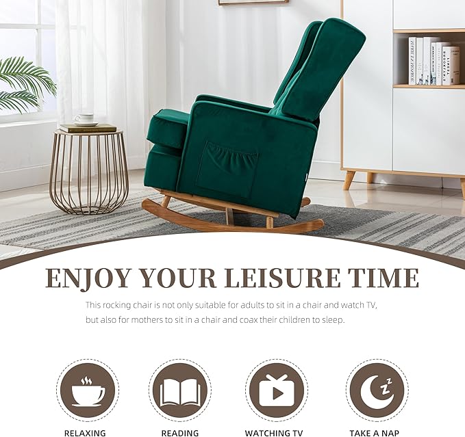 QQU Rocking Chair with Arms Leisure Chair IndoorComfy High Back Chair with Solid Wood Base Side Pocket for Living RoomBedroomOffice(A-Emerald)