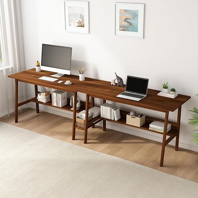 2-Person Writing Desk with Bookshelf - 110 Wooden Extra Long Home Office Work Table Double Study Computer Workstation with Storage Shelves in Walnut 110 W x 24 D