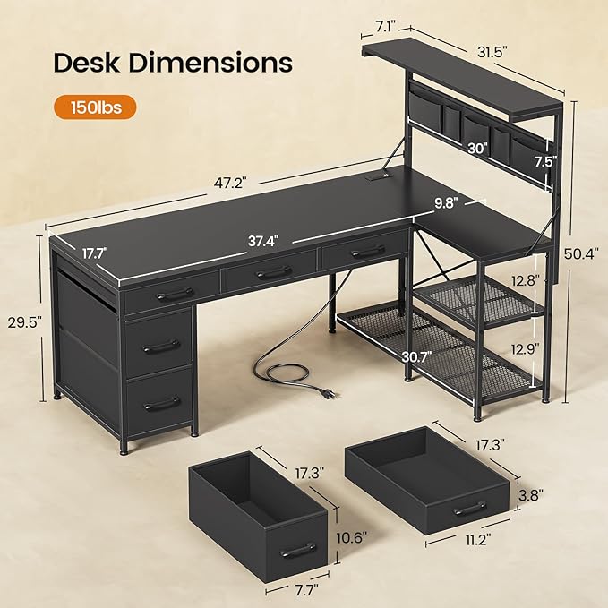 Itaar L Shaped Gaming Desk with 5 Drawers and Storage Shelves Reversible Computer Desk with Bookshelf for Home Office L Shaped Corner Desk with LED Lights Power Outlets and Storage Bag Black