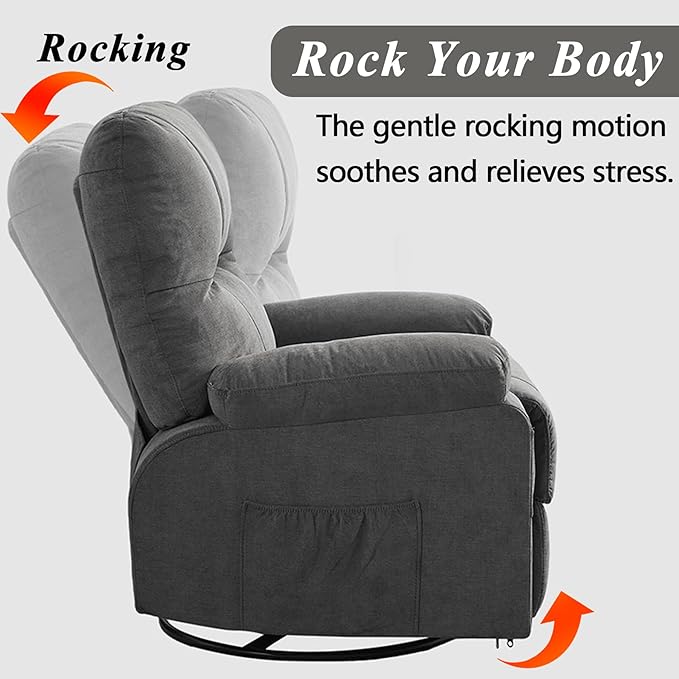 Oversized Recliner Chairs for AdultsSwivel Rocking Chair Recliner with Wide Arms&amp Backrest Fabric Reclining Chair with Pockets Lazy Boy Recliners for Living Room Bedroom (Grey)