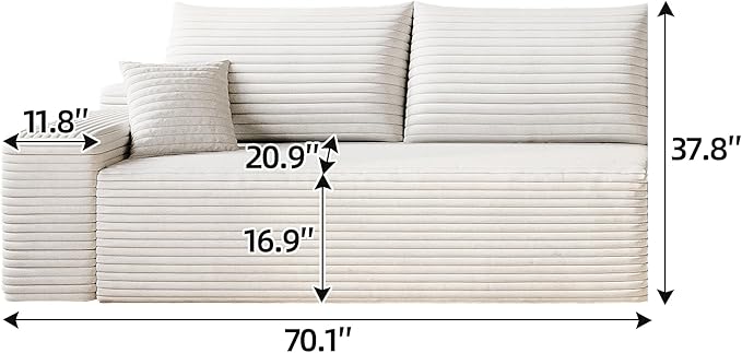 Boneless Sofa 2-Seater Cloud Couches for Living RoomModular Corduroy Upholstered Couch with Deep Seat No Assembly (White Right Armrest)