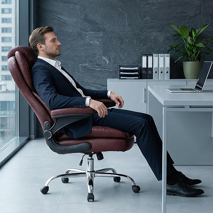 Office Desk Chair Executive Leather Office Chair High Back Ergonomic Home Desk Chair with Padded Flip-up Arms Big and Tall Computer Chair with Rocking Function 360°Swivel Free Brown