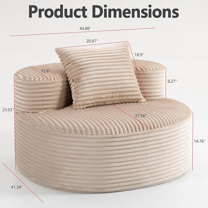 45 Oversized Round Chair Boneless Reading Chair with Comfy Pillow for Living Room Circle Cloud Chair for AdultsCorduroy Memory Foam Large Seat No Assembly Required (Beige)