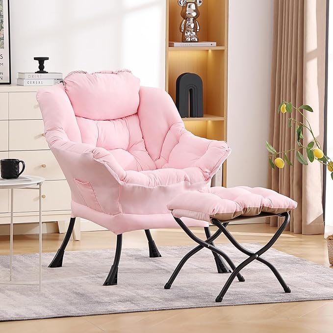 LITA Lazy Chair with Ottoman Modern Accent Leisure Upholstered Sofa Contemporary Lounge Reading Chair with Armrests and a Side Pocket for Living Room Bedroom &amp Small Space Pink