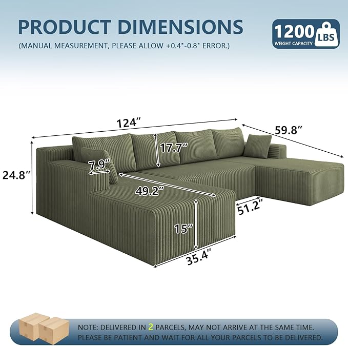 124 Corduroy U-Shaped Sectional Sofa Modern Modular Boneless 4-Seater Couch with 6 Pillows Upholstered Deep Seat DIY Cloud Sofa for Living Room No Assembly Required (Green)