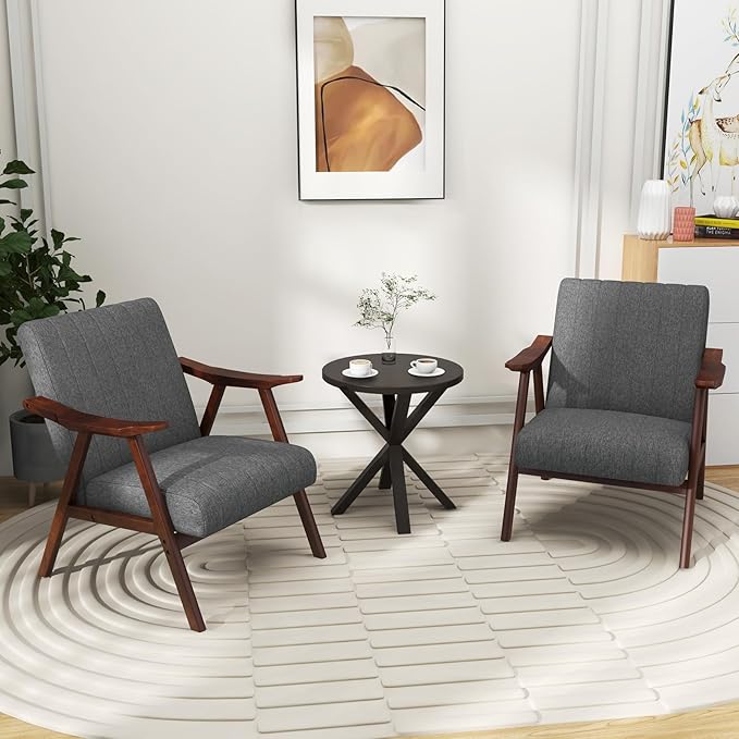 Giantex Mid-Century Modern Accent Chair Upholstered Comfy Living Room Chair with Arms Anti-Slip Felt Pads Wooden Frame Soft Padded Armchair for Living Room Bedroom Office Study Light Grey