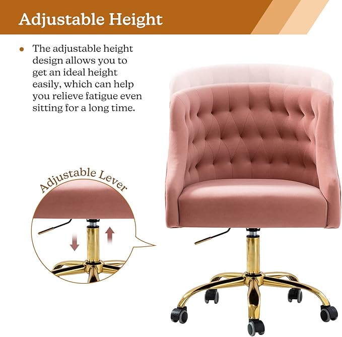 Velvet Home Office Chair with Gold Base Comfortable Modern Cute Desk Chair Adjustable Swivel Task Chair for Living Room Bedroom Vanity Study Pink