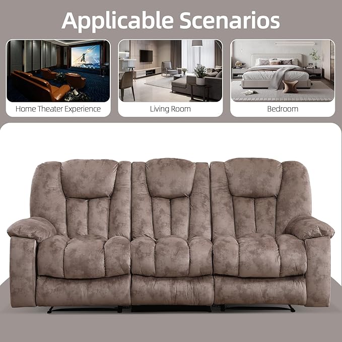 EBELLO Reclining Sofa for Living Room Extra Wide Modern Overstuffed 3 Seat Recliner Manual Sofa Chair with Hidden Armrest Cup Holders Breathable Soft Fabric and Padded Seat Light Brown