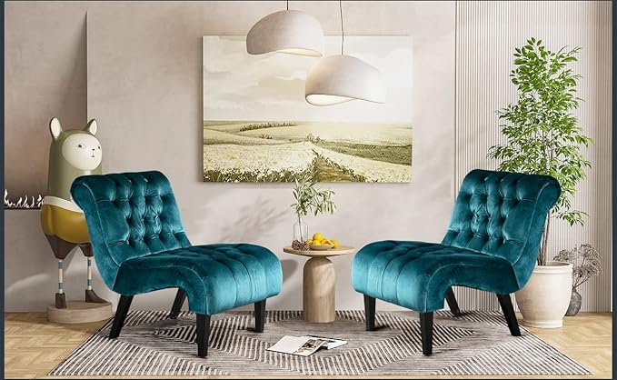 KINFFICT Velvet Accent Lounge Chair for Living Room Modern Leisure Chair with Tufted Backrest Indoor Armless Side Chair Upholstered Bedroom Sleeper Chair with Solid Wood Legs