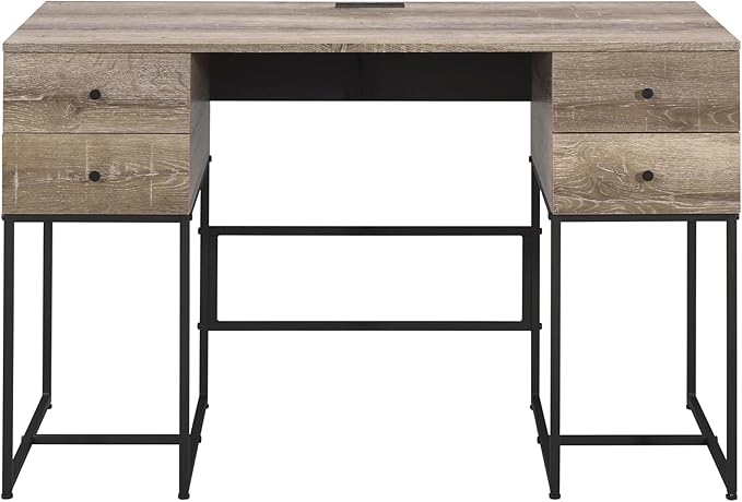Rustic Oak &amp Black Writing Desk with USB Port - Modern Home Office Design