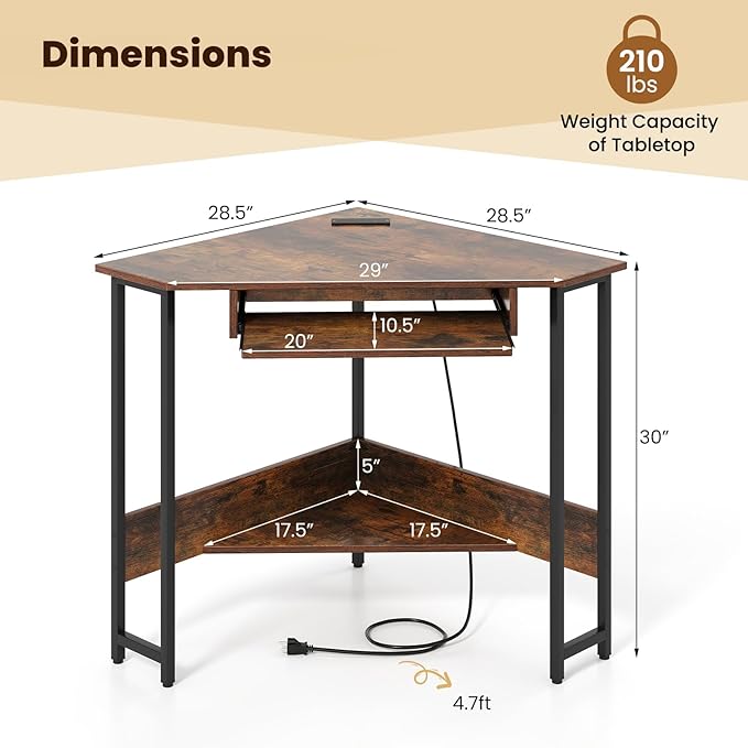 GOFLAME Corner Desk Triangle Computer Desk with Keyboard Tray &amp Storage Shelf Home Office Desk with Built-in Power Outlet Industrial Writing Desk Heavy-duty Space-saving PC Laptop Desk Worksta