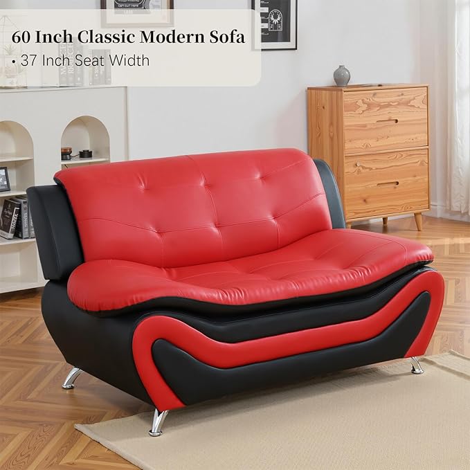Modern Loveseat Sofa Red Faux Leather Loveseat Couch 2 Seater Sofa 62 Inch Couch Button Tufted Seat Cushion Sectional Couches Living Room Furniture Sets
