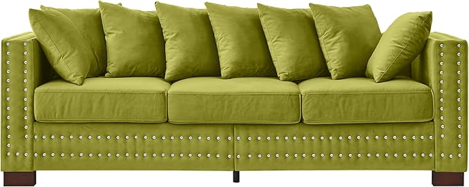 84.5 Wide 3-Seater Velvet Sofa with Storage Mid Century Modern Chesterfield Couch Upholstered Love Seat with Deep Seat &amp Retro Trim Green Velvet Couch for Living Room Office Apartment (Green)