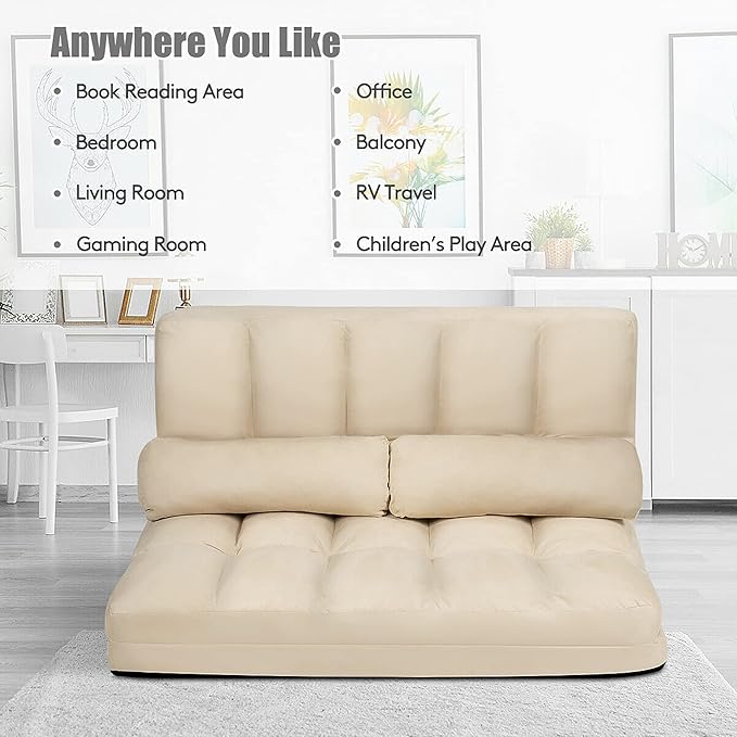 DORTALA Foldable Floor Sofa 6-Position Adjustable Lounge Couch with 2 Pillows &amp Suede Cloth Cover Modern Lounge Mattress Video Gaming Lazy Couch Suede Floor Seating Sofa 71 x 44.5 Beige