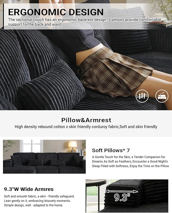 110 Inch Cloud Sectional Couch Modular Sectional Sofa with Deep Seat Corduroy Upholstered Boneless Couch for Living Room Bedroom Left Facing Chaise No Assembly Required (Black)