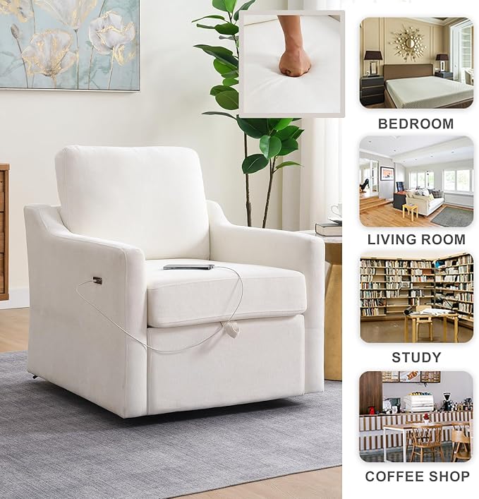 30 White Oversized Swivel Barrel Accent Chair with USB Charging &amp Under-Seat Storage360° Rotating Comfy Reading Arm Chair with Chenille Upholstered for NurseryLiving Room &amp Office(White)