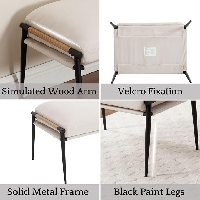 LukeAlon Upholstered Chenille Footstool Modern Ottoman Footrest Small Shoe Stool with Black Metal Legs Mid Century Vanity Stool with Wooden Armrests for Living Room Entrance Cushion Removable Beige