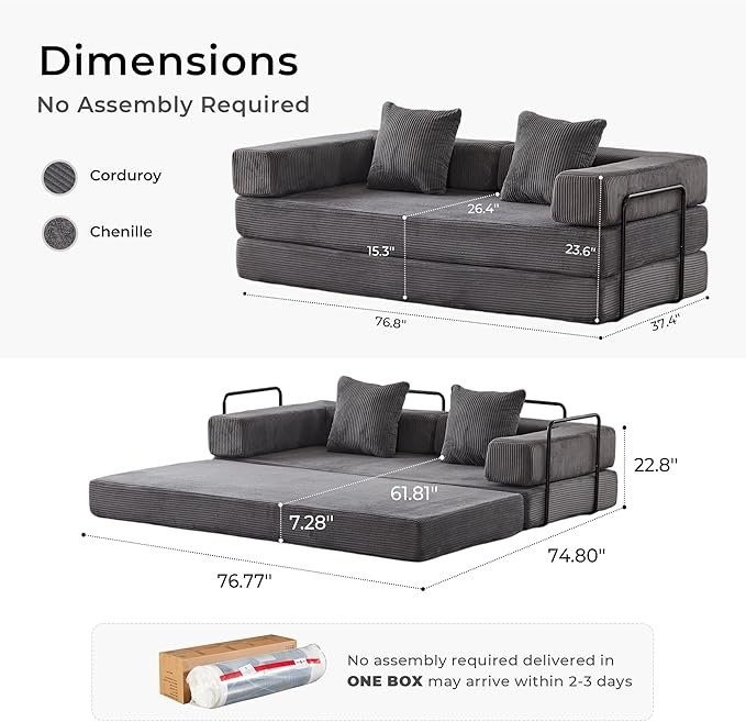 WELAX 77 Convertible Sleeper Sofa Bed Boneless Cloud Queen Futon Couches with 2 Pillows &amp Removable Armrests Corduroy Folding Floor Couch No Assembly for Bedroom Living Room Grey