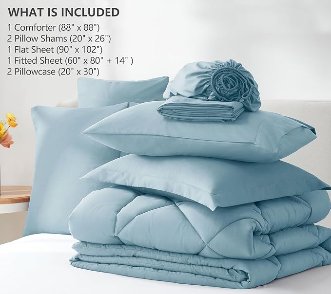 CozyLux Queen Comforter Set Light Blue - Bed in a Bag Queen Size 7 Pieces Luxury Soft Bed Set for All Seasons Bedding Set with Down Alternative Comforter Sheets Pillowcases &amp Shams