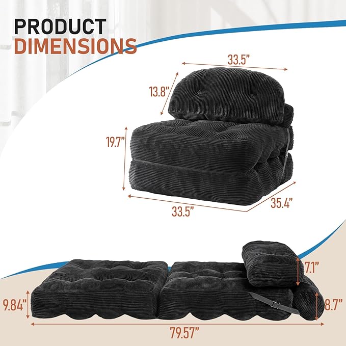 Folding Sofa Bed Convertible Sleeper Chair with Back Support and Pillow FutonBoneless Foldable Couch for Living Room/Guest Use/Home Office Foldable Chair Bed for Adults Black