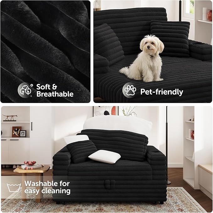 Plush Sofa 52” 3-in-1 Convertible Pull-Out Sofa Bed Sleeper Loveseat with Built-in Cup Holders Reclining Backrest Pet-Friendly for Small Space - Black