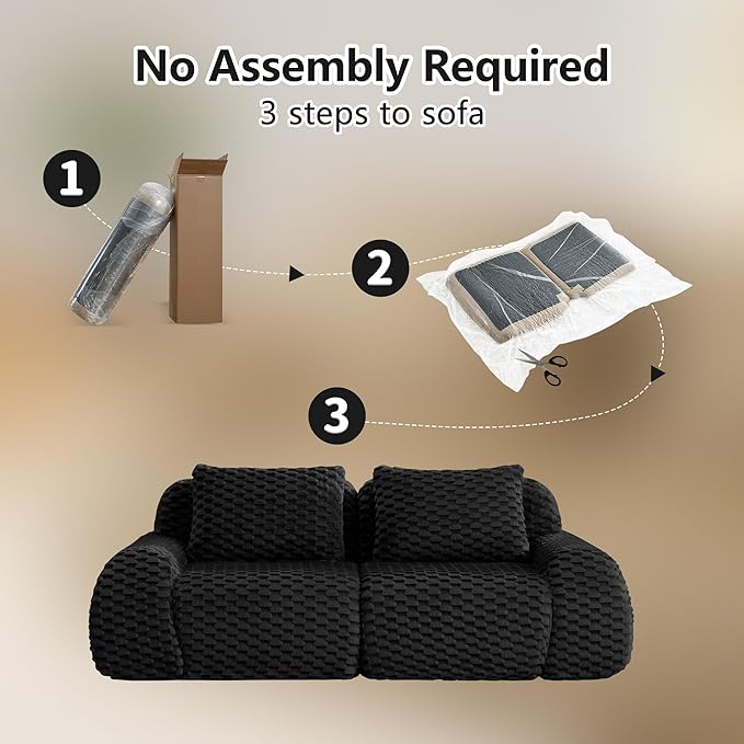 82'' Boneless Couch Modular Sectional Sofa Oversized 2-Seater Couch with Buckle Connection Anti-Slip Design Flannelette Fabric Loveseat Small Sofa Couches for Living Room (Black 2 Seat)